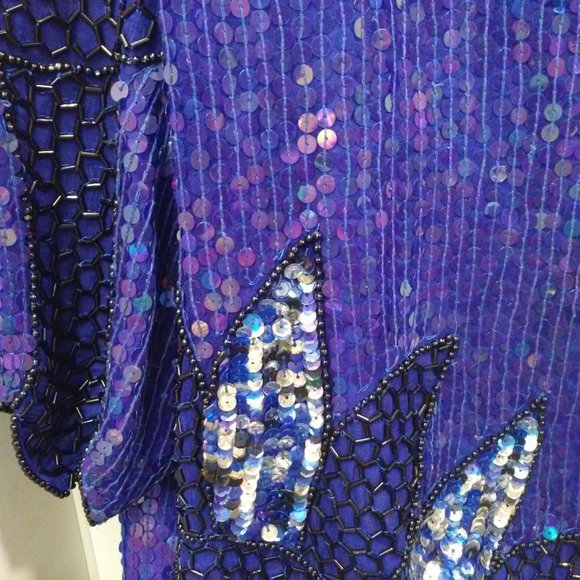 Vintage 80s Stenay India Silk Sequin Blouse Beaded Top Ladies-M Flower Leaf Blue - Picture 2 of 12